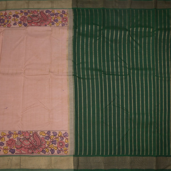 Light Peach Plain Silk Saree And Zari Border With Kalamkari Prints