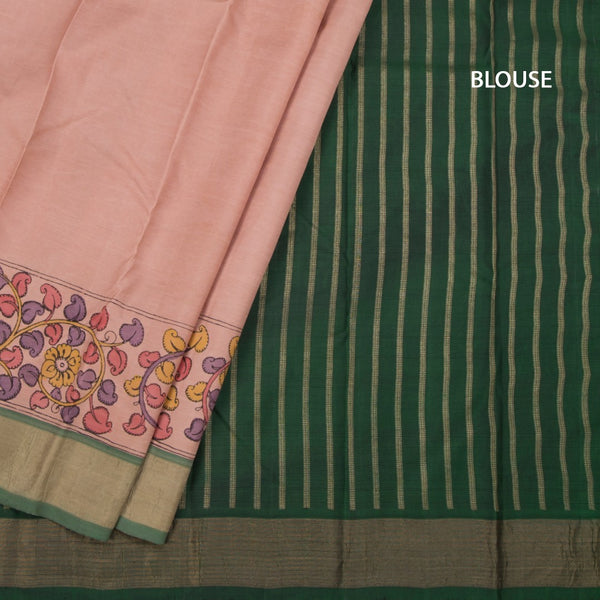 Light Peach Plain Silk Saree And Zari Border With Kalamkari Prints