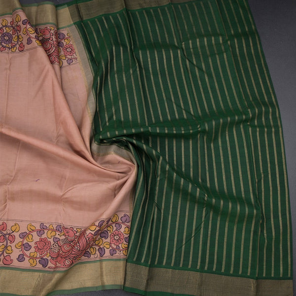 Light Peach Plain Silk Saree And Zari Border With Kalamkari Prints