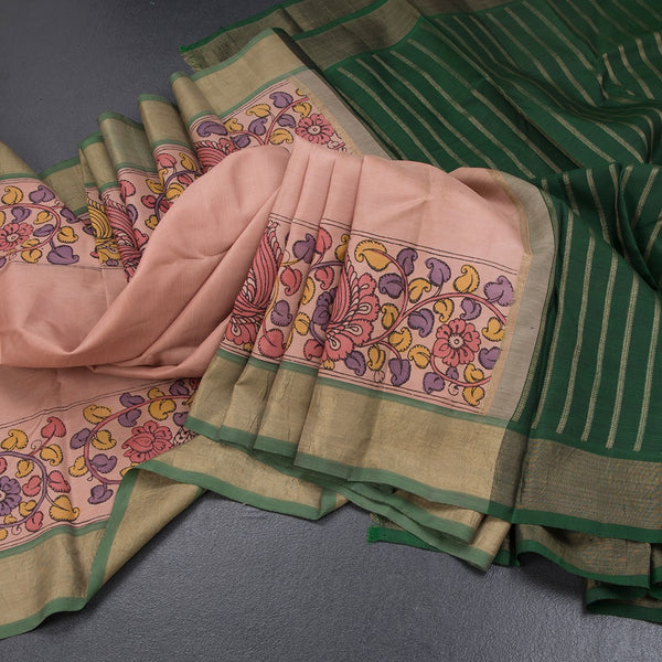 Light Peach Plain Silk Saree And Zari Border With Kalamkari Prints