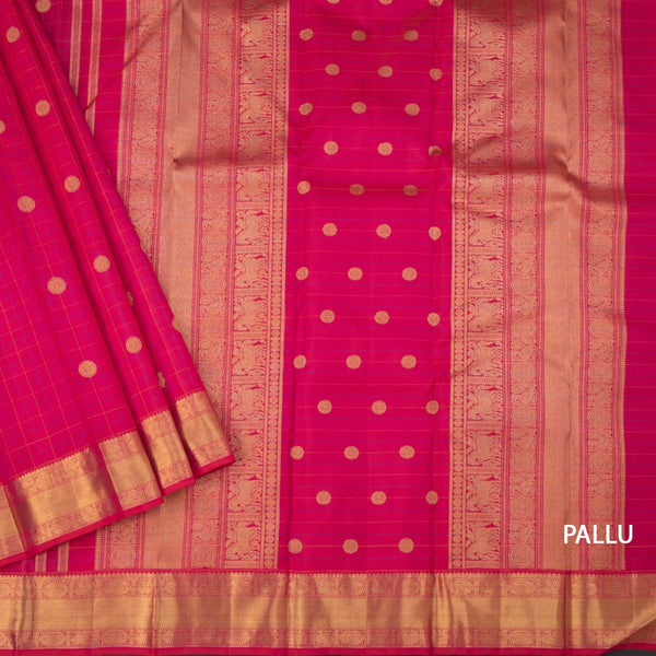 Pink Thread Checked Silk Saree With Peacock And Chakra Buttas And Gold Zari Border