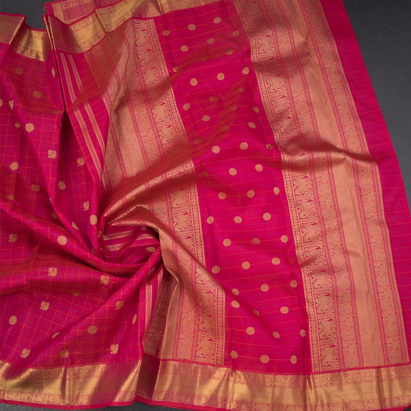 Pink Thread Checked Silk Saree With Peacock And Chakra Buttas And Gold Zari Border
