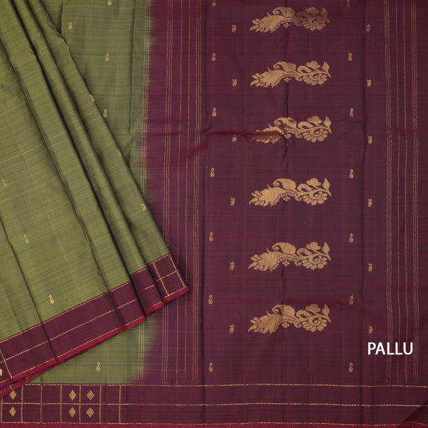 Olive Green Silk Saree With Zari Buttas And Zari Checked border