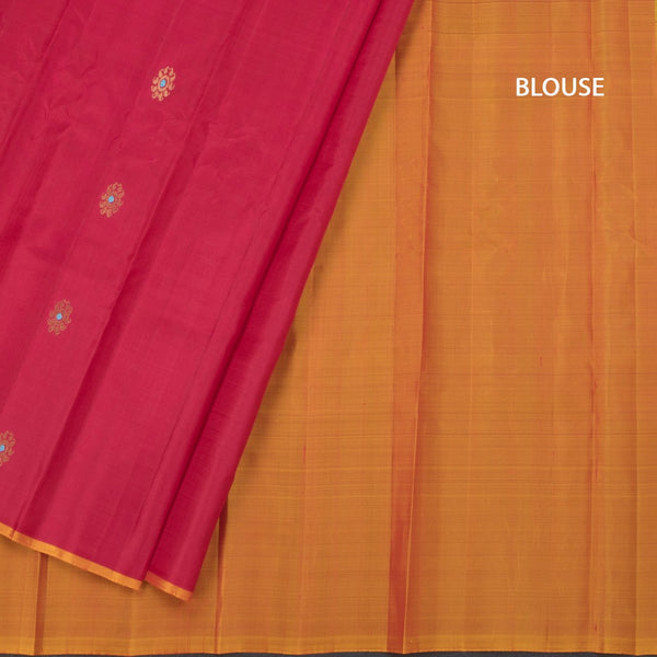 Red Borderless Silk Saree With Floral Zari Buttas