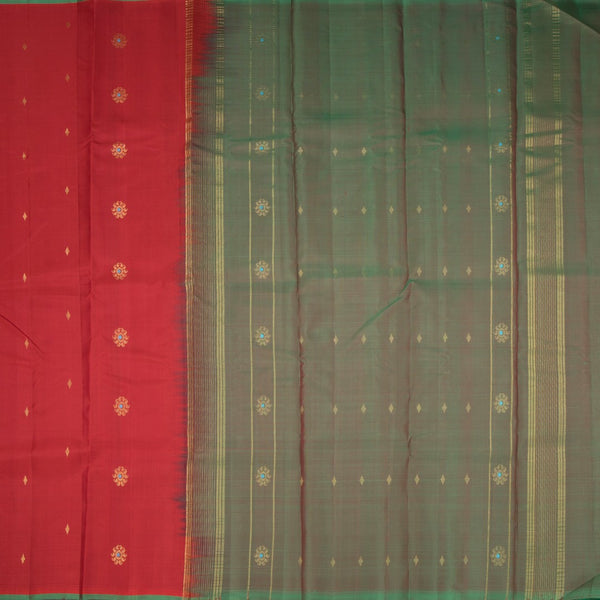 Red Borderless Silk Saree With Floral Zari Buttas 02