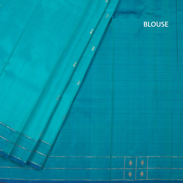 Peacock Blue Silk Saree With Zari Buttas And Zari Checked Border