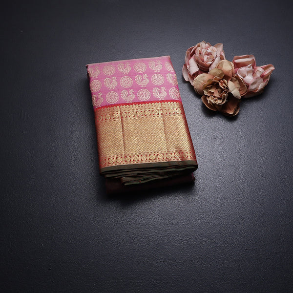 Taffy Pink Silk Saree Peacock And Chakra Buttas And Gold Zari Border
