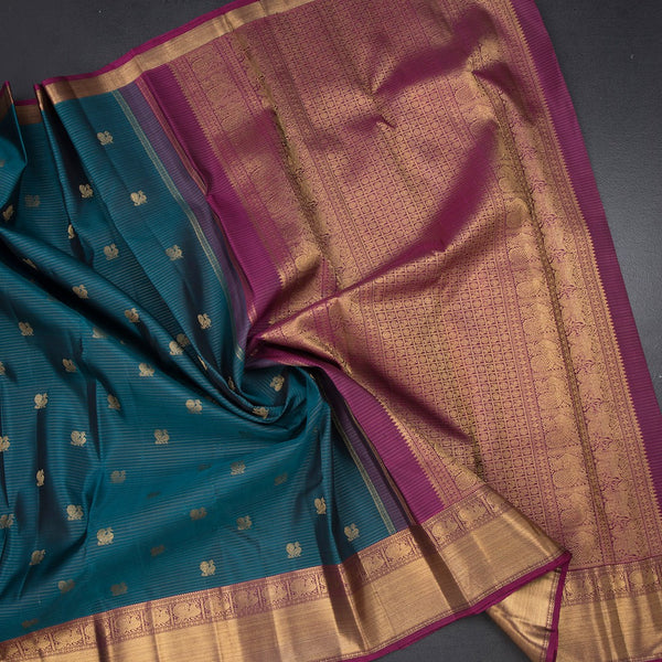 Peacock Blue Stripes Silk Saree With Peacock Design And Gold Zari Border