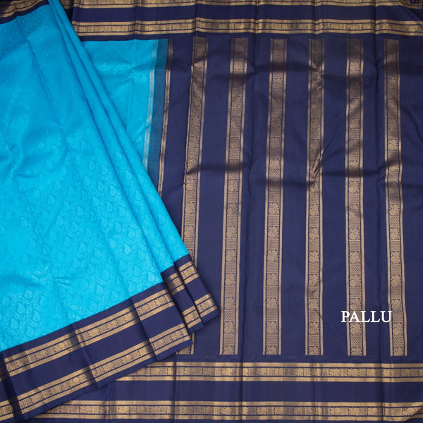 Blue Brocade Thread Work Silk Saree And Rettapet Border