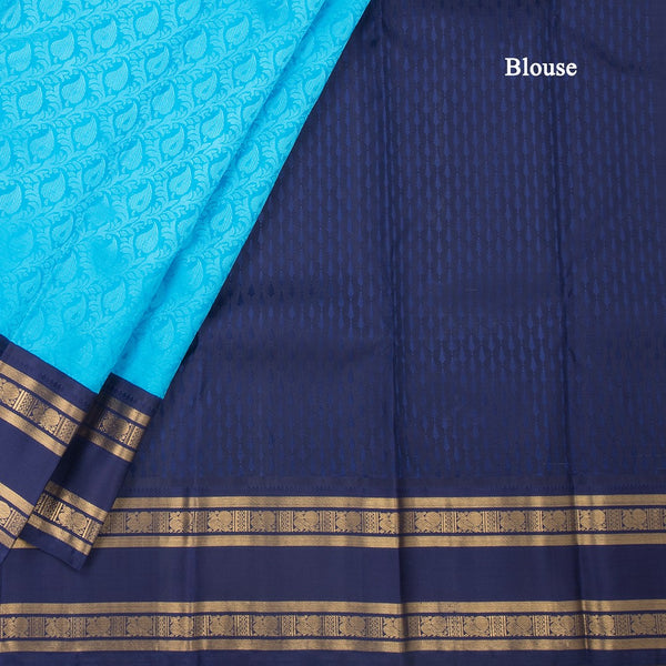 Blue Brocade Thread Work Silk Saree And Rettapet Border