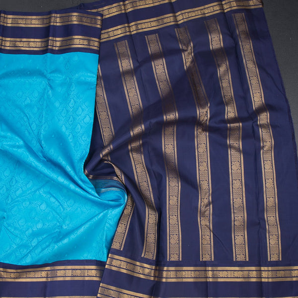 Blue Brocade Thread Work Silk Saree And Rettapet Border