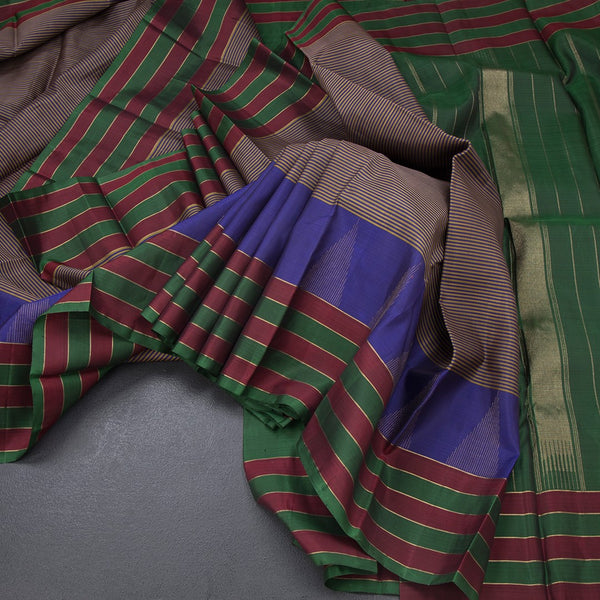 Multi Colour Stripes Silk Saree And Two Colour Border With Temple Design