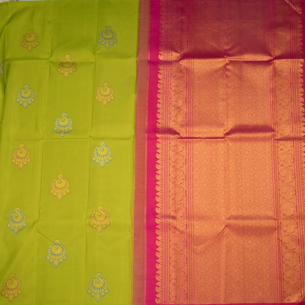 Lime Green Borderless Silk Saree With Peacock Design