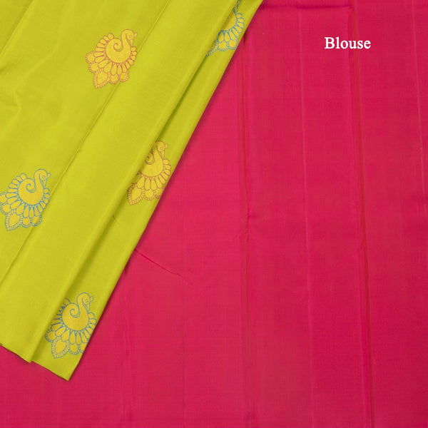 Lime Green Borderless Silk Saree With Peacock Design
