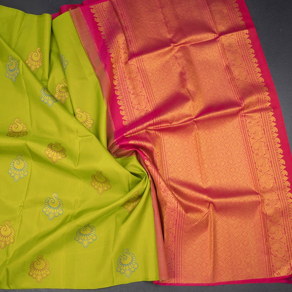 Lime Green Borderless Silk Saree With Peacock Design