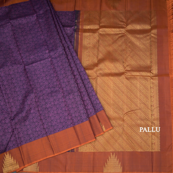 Dark Purple Thread Work Silk Saree And Temple Design On Border