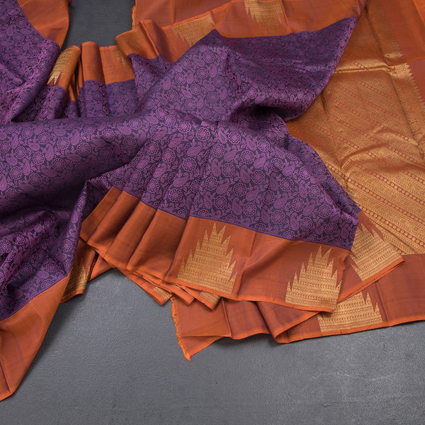 Dark Purple Thread Work Silk Saree And Temple Design On Border