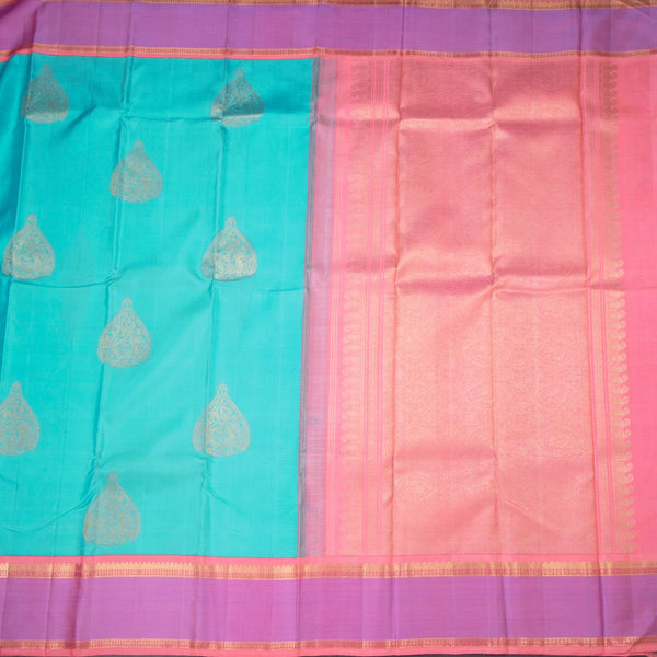 Turquoise Blue Silk Saree With Peacock Design And Thread Border