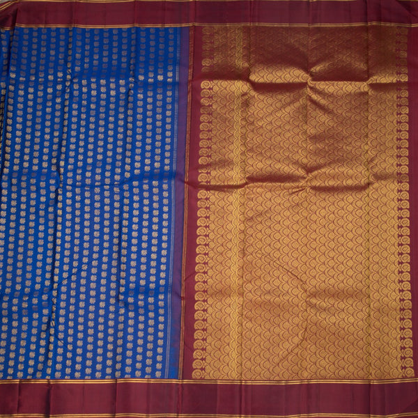 Dark Blue Silk Saree With Peacock Buttas And Maroon Border