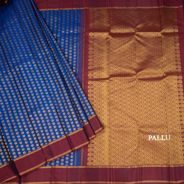 Dark Blue Silk Saree With Peacock Buttas And Maroon Border