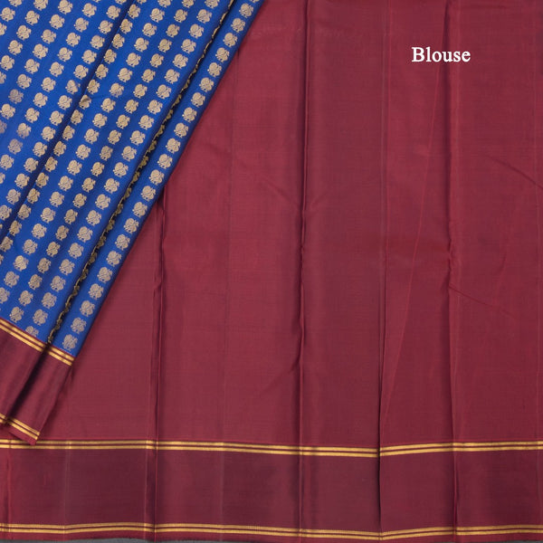 Dark Blue Silk Saree With Peacock Buttas And Maroon Border