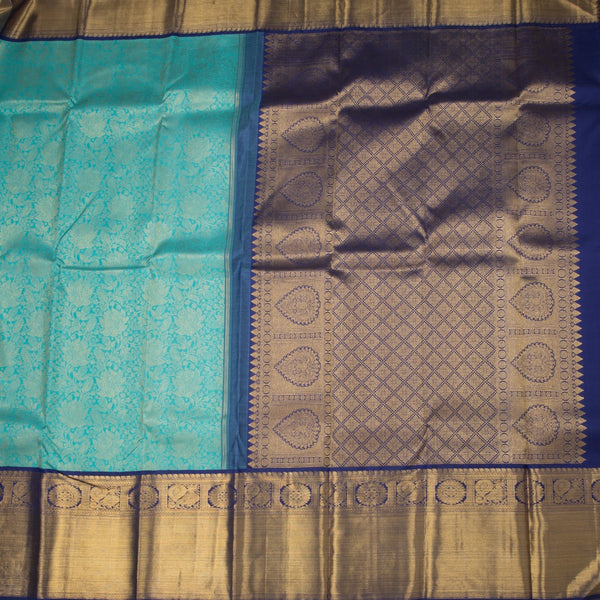Turquoise Blue Brocade Silk Saree And Gold Zari Border