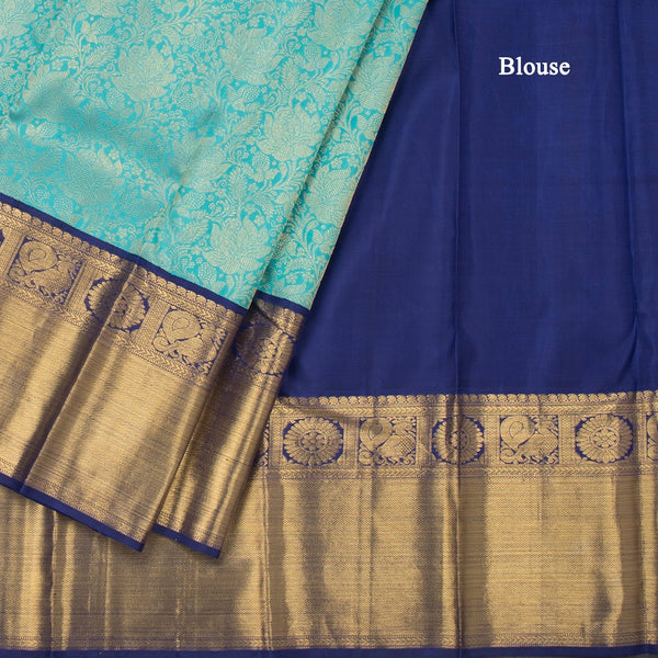 Turquoise Blue Brocade Silk Saree And Gold Zari Border