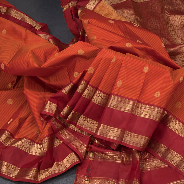 Orange Silk Saree With Stripes Design And Rettapet Border