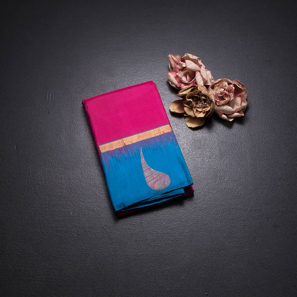 KSSMLSR42081-1-Hot-Pink-Plain-Silk-Saree-And-Blue-Border-fold