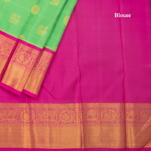 KSSMLSR42082-4-Parrot-Green-Checked-Silk-Saree-With-Peacock-And-Chakra-Buttas-And-Zari-Border-blouse