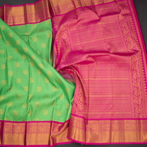 KSSMLSR42082-5-Parrot-Green-Checked-Silk-Saree-With-Peacock-And-Chakra-Buttas-And-Zari-Border-crush