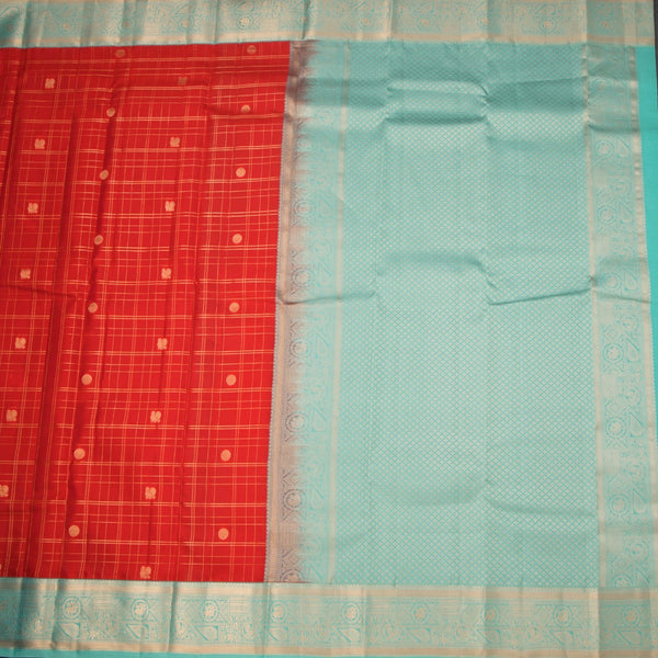 KSSMLSR42239-2-Red-Checked-Silk-Saree-With-Peacock-And-Chakra-Buttas-And-Gold-Zari-Border-full-veiw