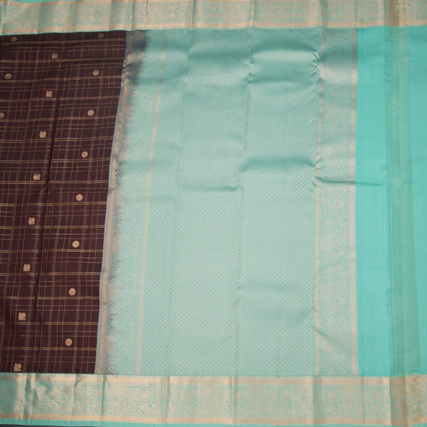 KSSMLSR42241-2-Dark-Brown-Checked-Silk-Saree-With-Peacock-And-Chakra-Buttas-And-Gold-Zari-Border-full-veiw