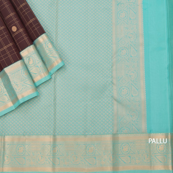 KSSMLSR42241-3-Dark-Brown-Checked-Silk-Saree-With-Peacock-And-Chakra-Buttas-And-Gold-Zari-Border-pallu