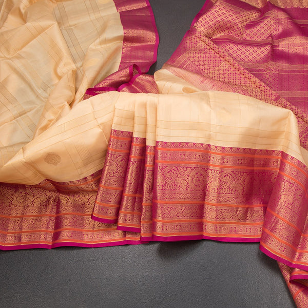 KSSMLSR42244-Sandal-Zari-Checked-Silk-Saree-And-Pink-Gold-Zari-Border-main