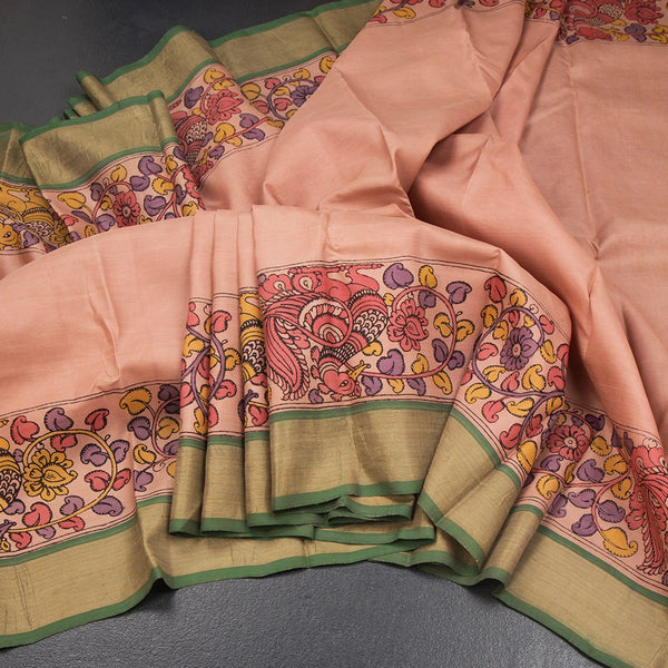 KSSMLSR42346-Peach-Silk-Saree-With-Kalamkari-Printed-And-Zari-Border-main