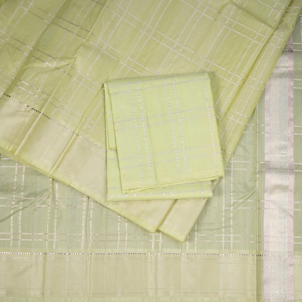 8 X 4 Zari Checked Pista Green Silk Dhoti With Angavastram and Matching Shirt Material