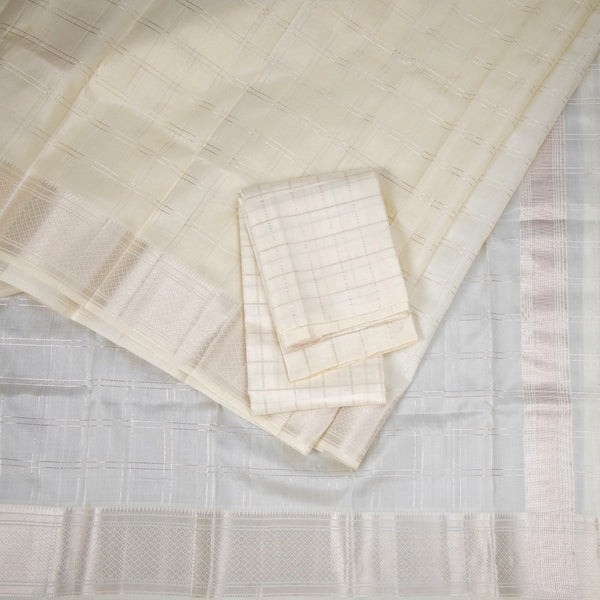 8 X 4 Zari Checked Off White Silk Dhoti With Angavastram and Matching Shirt Material 02