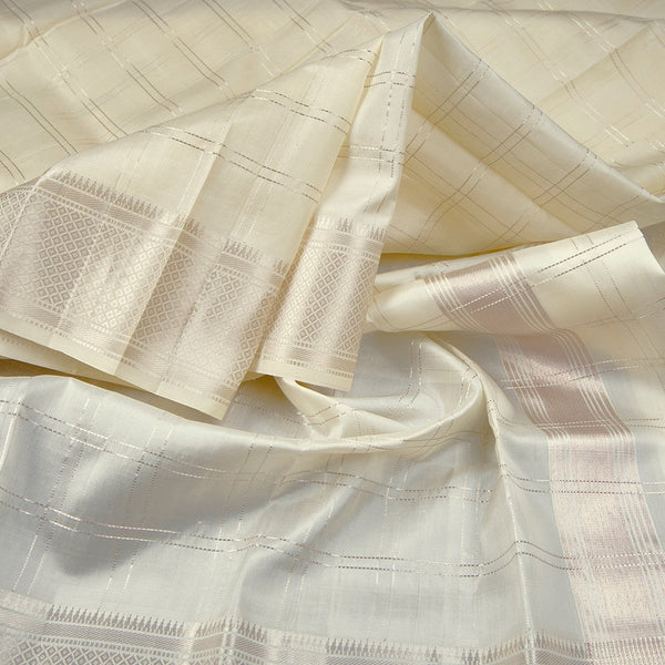 8 X 4 Zari Checked Off White Silk Dhoti With Angavastram and Matching Shirt Material 02