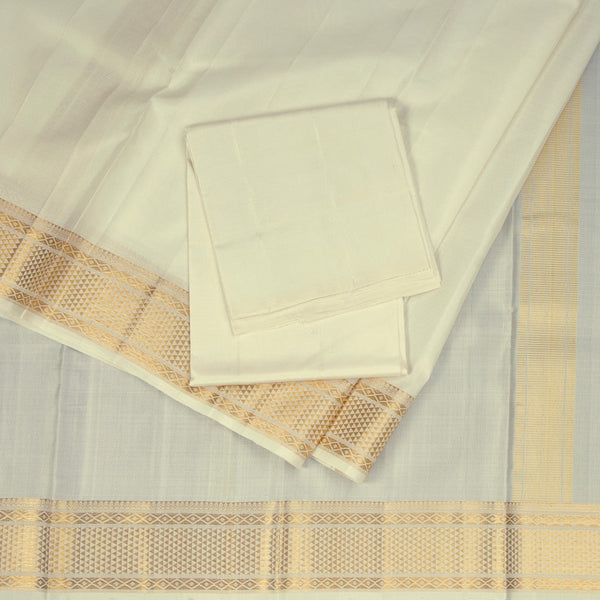 8 X 4 Plain Off White Silk Dhoti With Angavastram and Matching Shirt Material 03