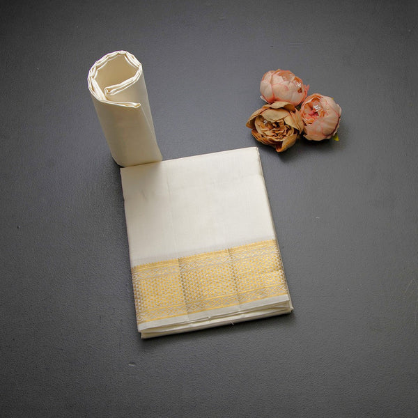 8 X 4 Plain Off White Silk Dhoti With Angavastram and Matching Shirt Material 03
