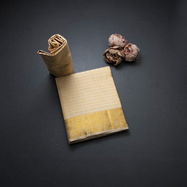 8 X 4 Zari Checked Sandal Silk Dhoti With Angavastram and Matching Shirt Material