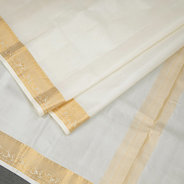 8 X 4 Plain Off White Silk Dhoti With Angavastram and Matching Shirt Material