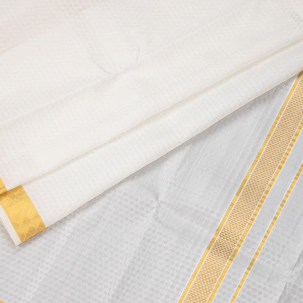 Designer Embossed Cream Silk Dhoti With Angavastram 8 X 4 80K 03