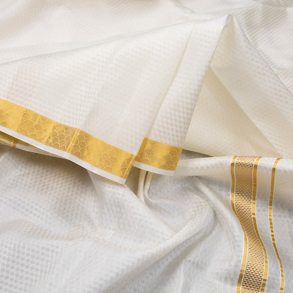 Designer Embossed Cream Silk Dhoti With Angavastram 8 X 4 80K 03