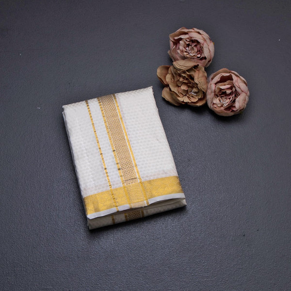 Designer Embossed Cream Silk Dhoti With Angavastram 8 X 4 80K 03