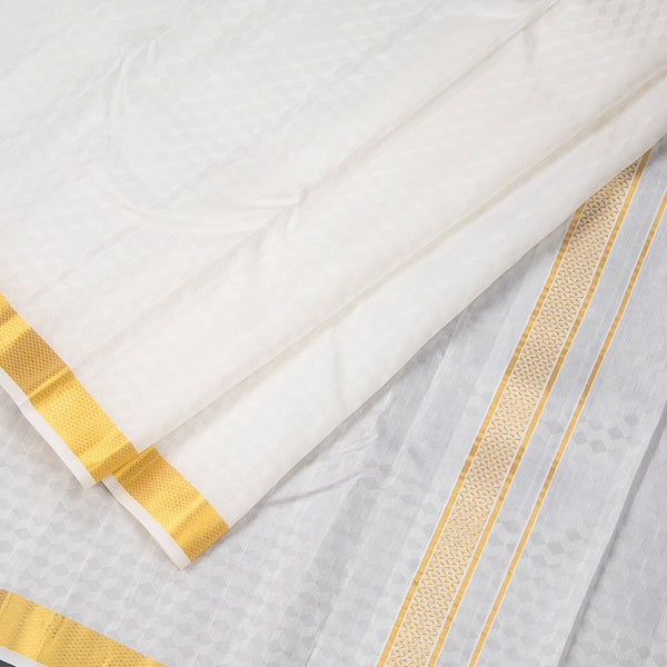 Designer Embossed Cream Silk Dhoti With Angavastram 8 X 4 80K 04