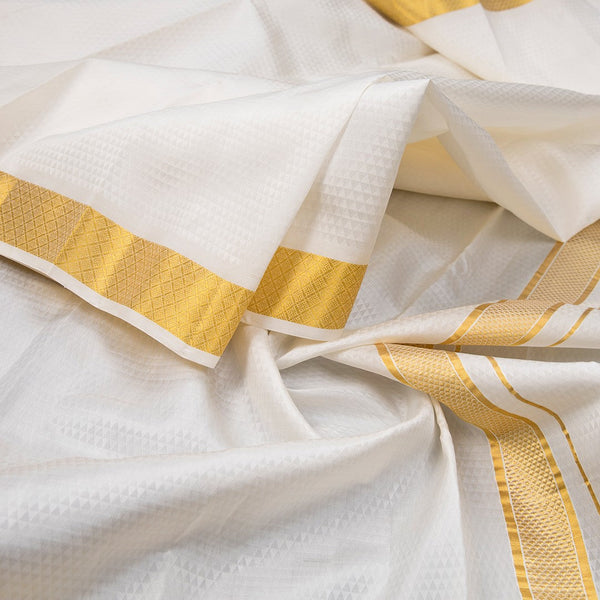 Designer Embossed Cream Silk Dhoti With Angavastram 8 X 4 100K 08 - Kumaran Silks