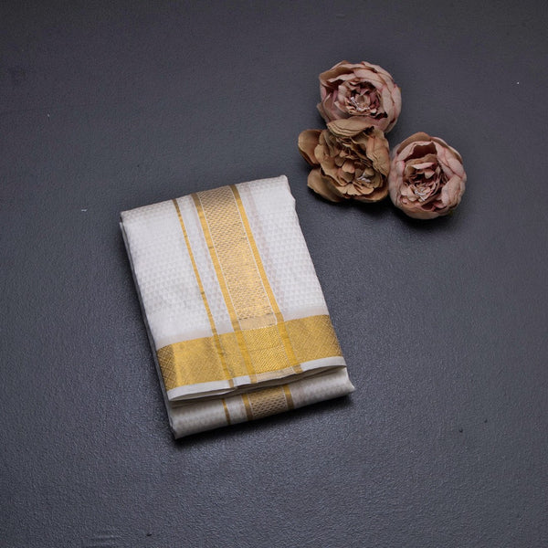 Designer Embossed Cream Silk Dhoti With Angavastram 8 X 4 100K 08
