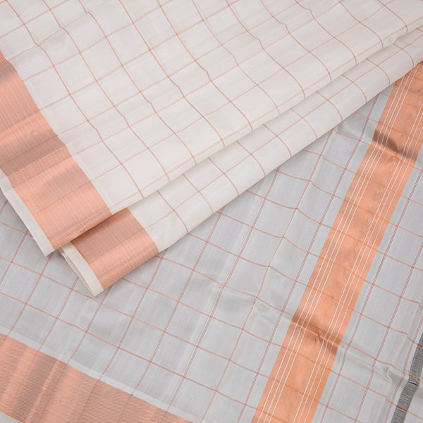 8 X 4 Cream Zari Checked Silk Dhoti With Angavastram And Matching Shirt Material